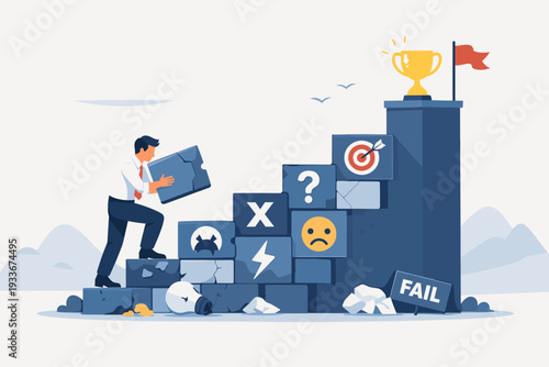 Businessman Building Staircase from Failure Blocks to Reach Success Trophy. Concept of Perseverance, Ambition, and Learning from Mistakes to Achieve Goals in Business and Career Growth Vector.