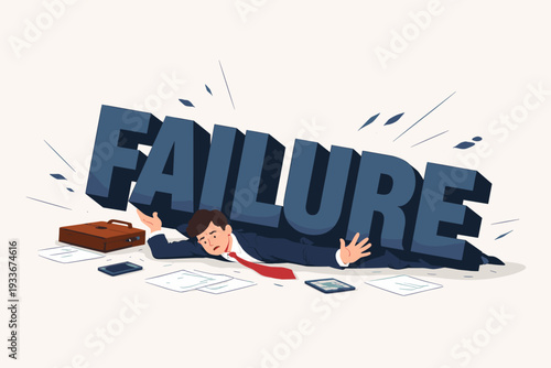 Businessman Crushed by Giant Failure Word, Concept of Business Bankruptcy, Professional Setback, Financial Crisis, Stress, Overwhelming Pressure, Corporate Loss, Simple Flat Vector Illustration