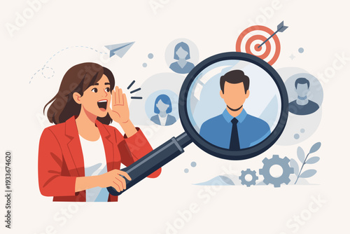 Woman Recruiter Shouting and Holding a Magnifying Glass to Find the Best Candidate for a Job, Concept of Recruitment, Human Resources, Hiring Process, Talent Search, and Headhunting Illustration.