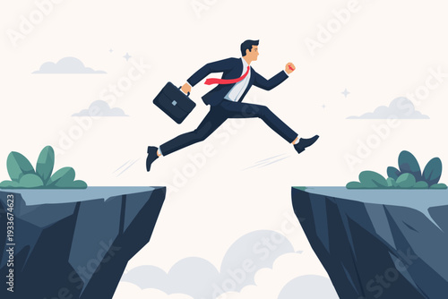 Ambitious businessman in a suit jumping over a deep abyss between two cliffs, symbolizing leadership, success, risk-taking, and overcoming obstacles in a clean flat vector illustration style.