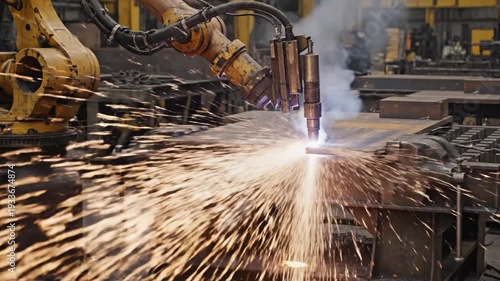 Industrial robotic processor architecture welding steel plate in manufacturing facility