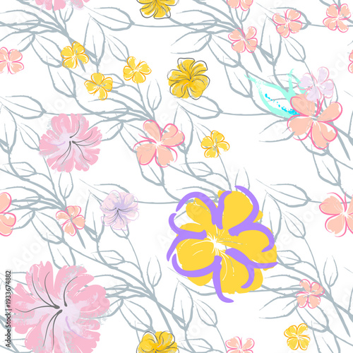 Wallpaper Mural Pink Flowers Blooming Pattern. Pastel Watercolor Floral Print. Little Pink, Yellow, Lilac flower on grey leaf. Elegant brush Background. Seamless Botanical Vector Surface. Texture For Fashion Prints. Torontodigital.ca