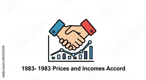 Business agreement handshake with graph and bar chart symbolizing 1983 prices and incomes accord