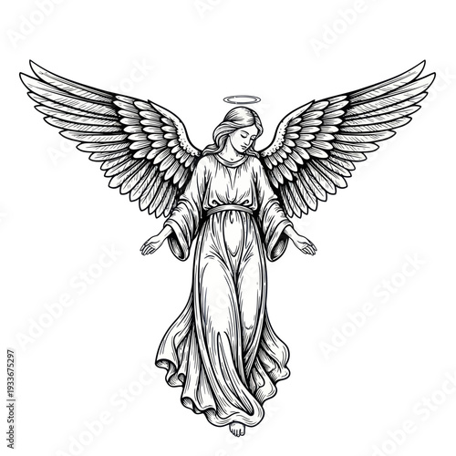 Angel with outstretched wings and halo, hand-drawn illustration
