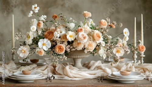 Elegant floral centerpiece with peach roses on set table for a wedding. Perfect for blogs, social media, or invitations for a luxurious event.
