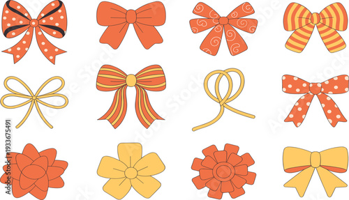 Collection of Decorative Gift Bows and Ribbons in Orange and Yellow Tones for Festive Celebration Design