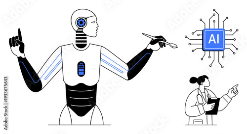 AI technology, robotics, digital innovation, healthcare, collaboration, future medical advances. A robot with AI and a doctor pointing at a circuit. AI technology and robotics concept