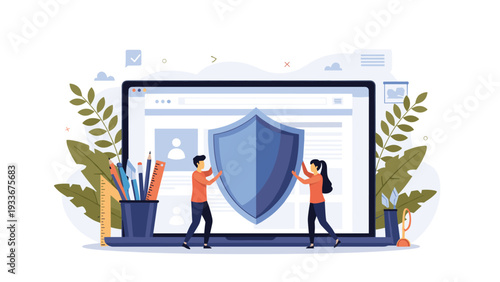 Man and woman holding a giant security shield in front of a laptop computer representing data protection and cyber security measures.