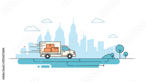 Fast delivery truck carrying boxes driving along a road with a stylized blue city skyline in the background representing logistics.