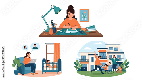Composite illustration showing women balancing work and home life through remote working, crafting, and spending time with family.