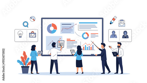 Professional data analysis team collaborating on business strategies and insights around a large interactive presentation board.