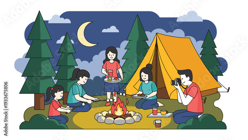 Happy family enjoying a night of camping in the forest, roasting marshmallows by a warm campfire next to their tent and pine trees.