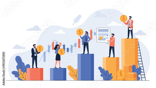 Business professionals standing on various levels of giant bar charts representing financial growth, market analysis, and data tracking.