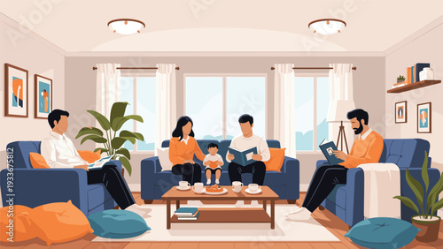 Peaceful domestic scene of a group of adults and a child enjoying quiet reading time in a comfortable and well-lit living room.