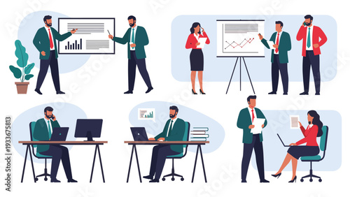 Collection of business professional character poses including people giving presentations, working on laptops, and conducting phone calls.