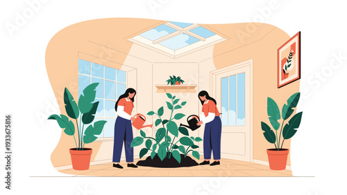 Two women collaborating to care for and water a large flourishing houseplant in a bright and well-lit interior space.