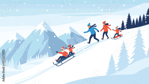 Happy families and children enjoying winter outdoor fun by sledding down a snowy mountain slope on a bright, snowy day in the scenic mountains.