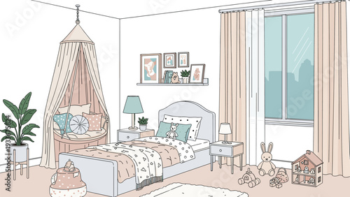 Cozy and stylish children bedroom design featuring a single bed, decorative canopy, shelves with pictures, and various toys in a neutral palette.