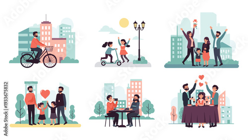 Various scenes showing people enjoying leisure activities in a city setting, including cycling, scooting, family gatherings, and romantic dinner.
