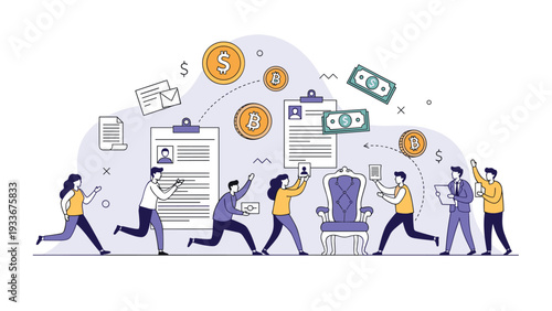 Illustration showing various job candidates competing for a high-ranking position symbolized by a majestic royal throne and financial icons.