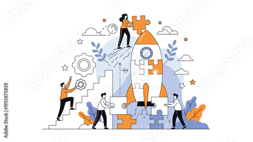 Team of creative workers assembling a large rocket using jigsaw puzzle pieces on a laptop representing teamwork and business project development.