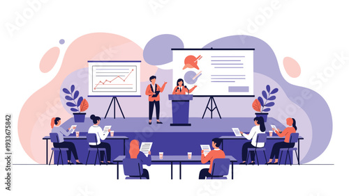 Group of professional people attending a business presentation in a modern seminar hall with speakers on a stage and visual data charts.