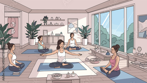 Diverse group of women practicing yoga and meditation in a spacious, light-filled studio with a large window overlooking a beautiful forest.