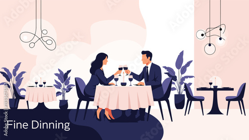 Elegant couple in formal attire sharing a romantic toast with red wine at a fine dining restaurant with a sophisticated interior atmosphere.