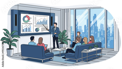 Professional speaker giving a business presentation to a group of executives in a modern boardroom with a panoramic city view and data charts.