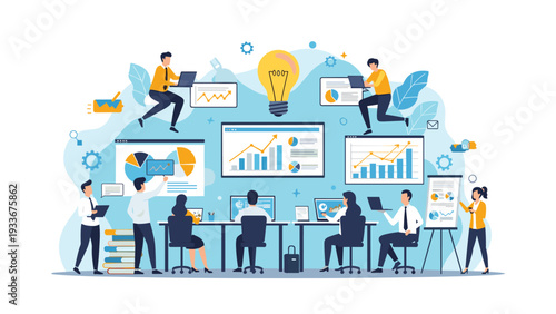Group of office employees collaborating on a project with various digital data charts and a large glowing light bulb representing creative ideas.