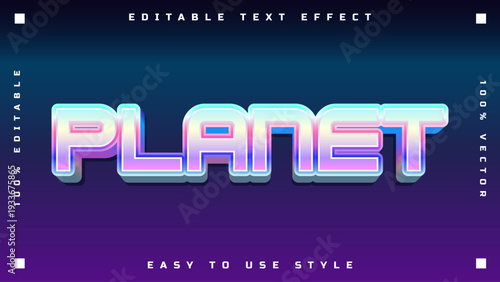 Retro-futuristic planet text effect with 3D chrome lettering and vibrant neon colors on a dark gradient background, perfect for sci-fi and gaming graphics