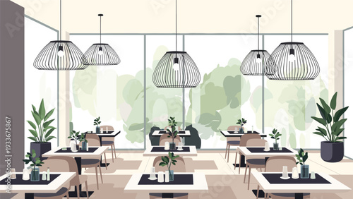 Modern and airy restaurant interior with stylish tables, chairs, and large windows overlooking lush green trees with decorative lighting.