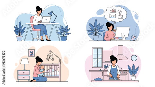 Illustration of a woman managing different daily roles including remote work, cooking in the kitchen, and caring for her baby at her home.