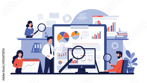 Group of business professionals performing deep data analysis and research using magnifying glasses and various statistical charts and graphs.