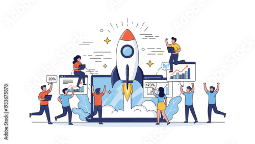 Energetic startup team celebrating a successful rocket launch from a laptop screen representing business innovation and high-speed growth.