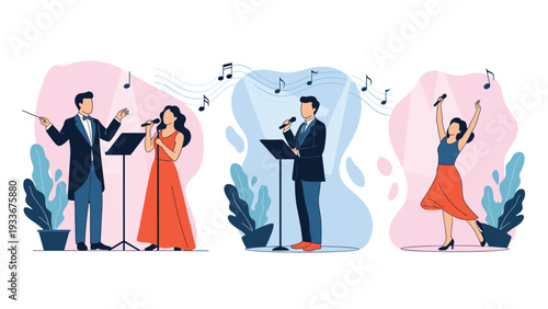 Professional singers performing on a stage with a conductor and musical notes representing an opera or classical music concert event.