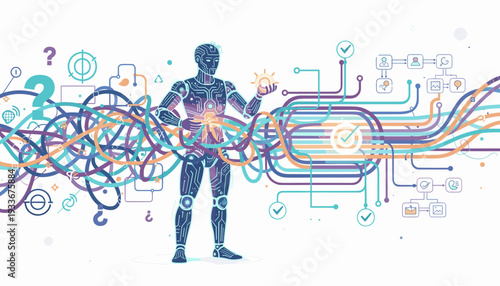 Humanoid robot using artificial intelligence to transform chaos into order, conceptual illustration of AI technology solving complex problems, streamlining data, and optimizing digital workflows.