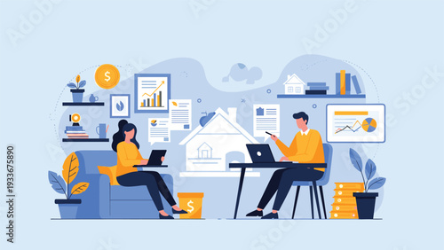 Young professionals working remotely from home on laptops in a comfortable living room with various business data and house icons.