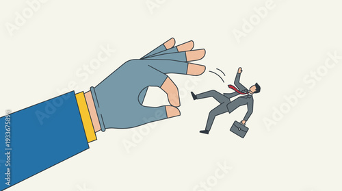 Giant Gloved Hand Flicking Small Businessman Away Representing Corporate Layoff, Job Dismissal, and Career Failure Concept in a Simple Flat Vector Illustration Style for Business and Finance.
