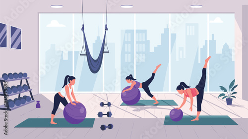 Group of women performing pilates and balance exercises with large purple gym balls in a modern fitness studio with a city view window.
