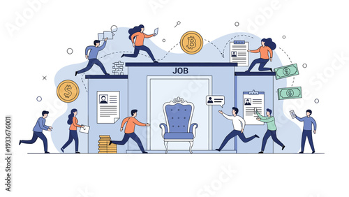 Competitive job market concept with many people running towards a job building featuring a throne and job applications.