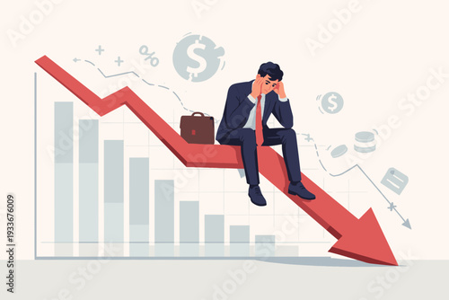 Depressed businessman sitting on a red downward arrow representing economic recession, financial loss, and stock market crash. Concept of investment failure, business crisis, and bankruptcy.