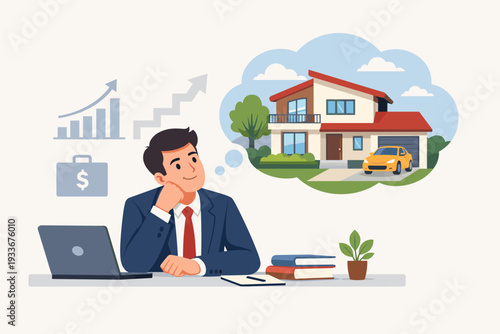 Businessman sitting at desk dreaming about buying a new house and car, employee setting financial goals for future success, man thinking of real estate investment, personal wealth and home ownership