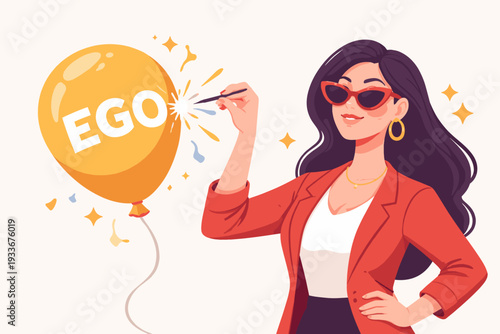 Conceptual vector illustration of a stylish woman piercing a yellow balloon labeled EGO with a needle, representing self-reflection, humility, overcoming pride, and psychological growth.