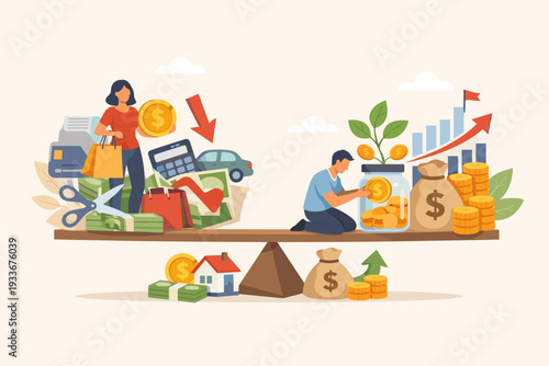 Concept of financial balance vector illustration with woman spending money on shopping and man saving in a jar, balancing on a seesaw scale with icons for investment, growth, and cost reduction.