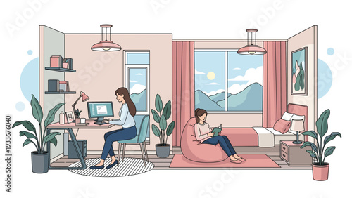 Woman working on a computer in her home office while another woman reads a book comfortably on a beanbag chair in a bedroom.