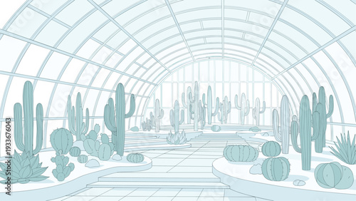 Serene monochromatic blue illustration of a cactus conservatory filled with diverse desert plants under a glass dome structure.