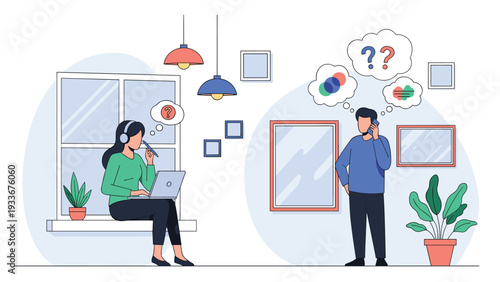 Two people working remotely and communicating through digital means, showing their thoughts and ideas in bubbles above.