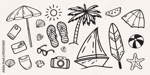 A collection of hand drawn summer icons beach essentials and tropical vibes