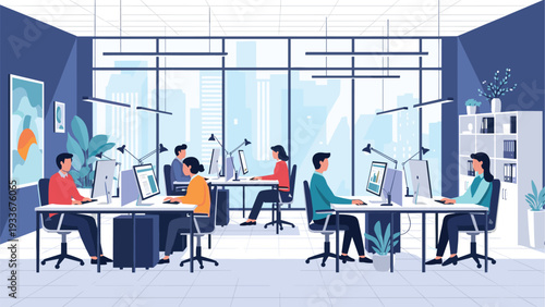 Bright and modern open-plan office space where several professionals are working at their desks with computers and data.